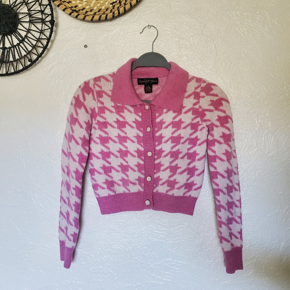 Cropped top Houndstooth Knit Cardigan Sweater | Hot Pink